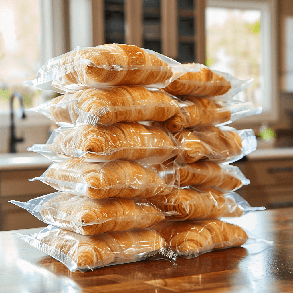 Croissants wrapped in plastic and stored in labeled freezer bags.