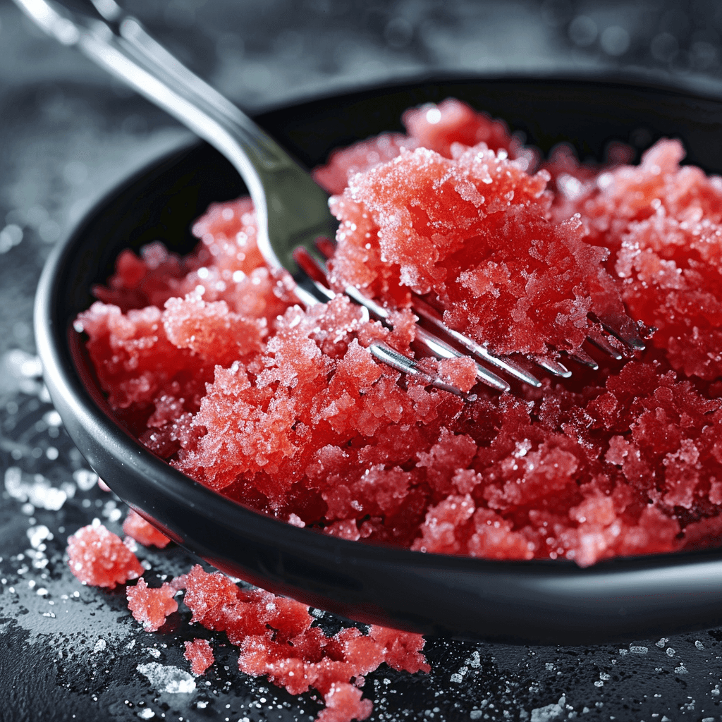 Scraping semi-frozen Strawberry Granita with a fork to create a flaky, icy texture in a shallow dish.