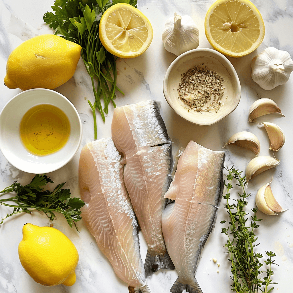 Fresh dory fillets, lemon, garlic, olive oil, and herbs arranged on a kitchen counter.