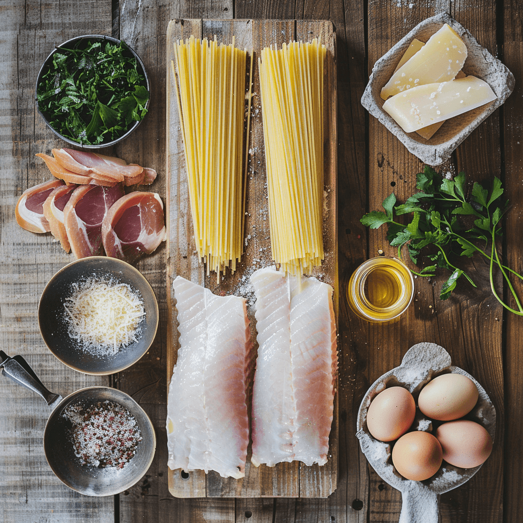 Fresh ingredients for Sturgeon Carbonara, including sturgeon, pasta, eggs, Parmesan, and pancetta.