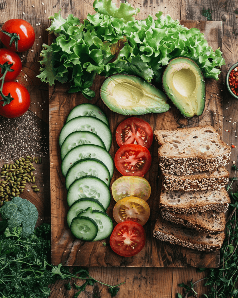 Fresh vegetables and bread for making a healthy vegetable sandwich