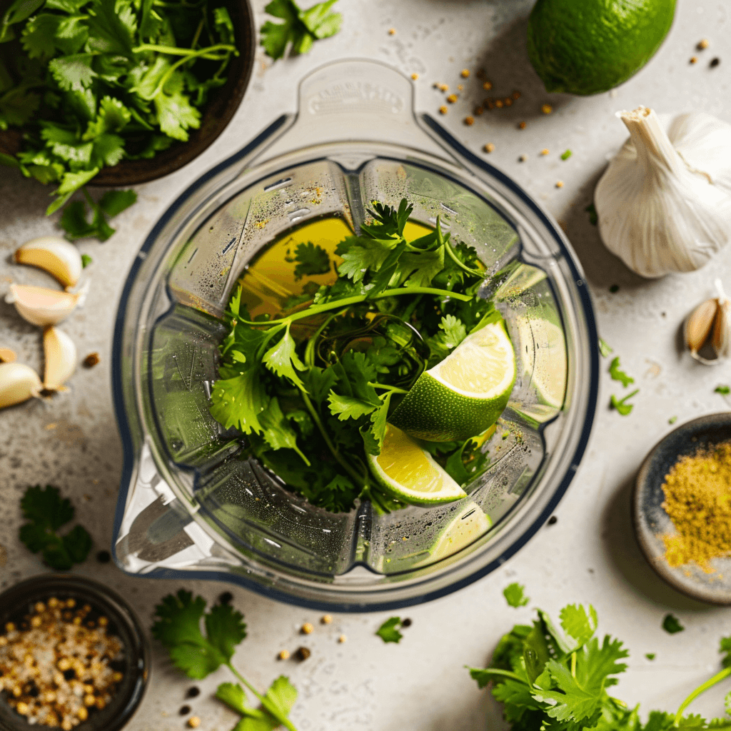 Fresh lime cilantro sauce ingredients in a blender