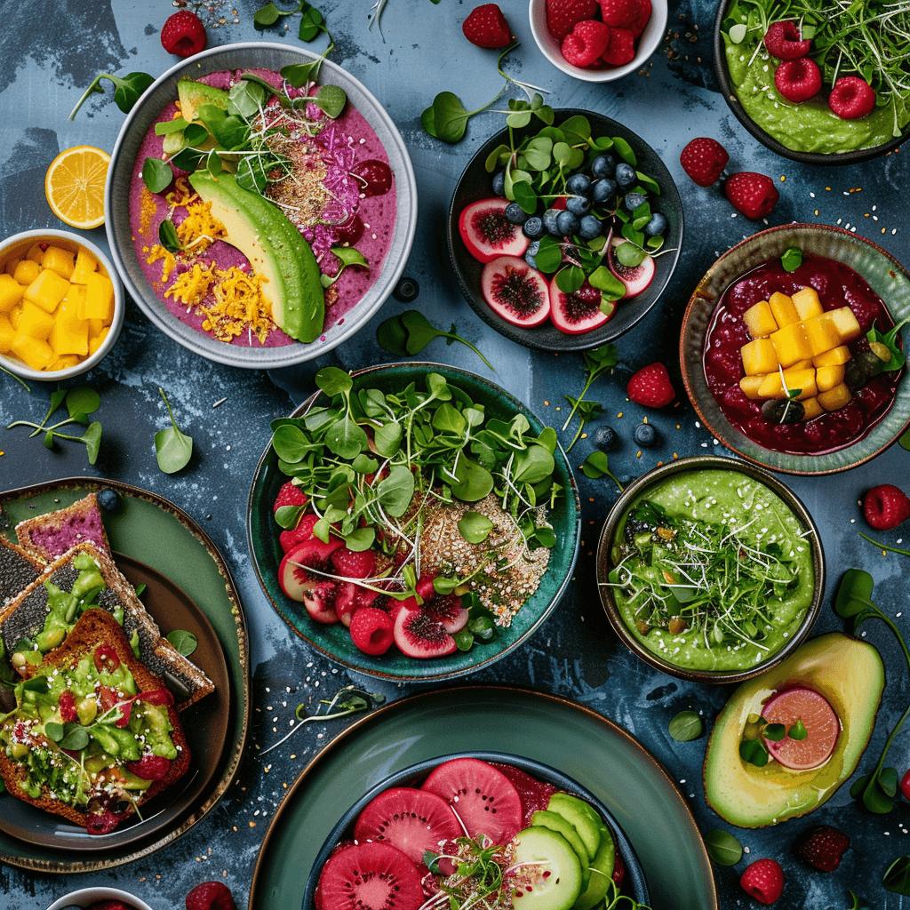 Fresh microgreens recipes including salad, smoothie bowl, and avocado toast.