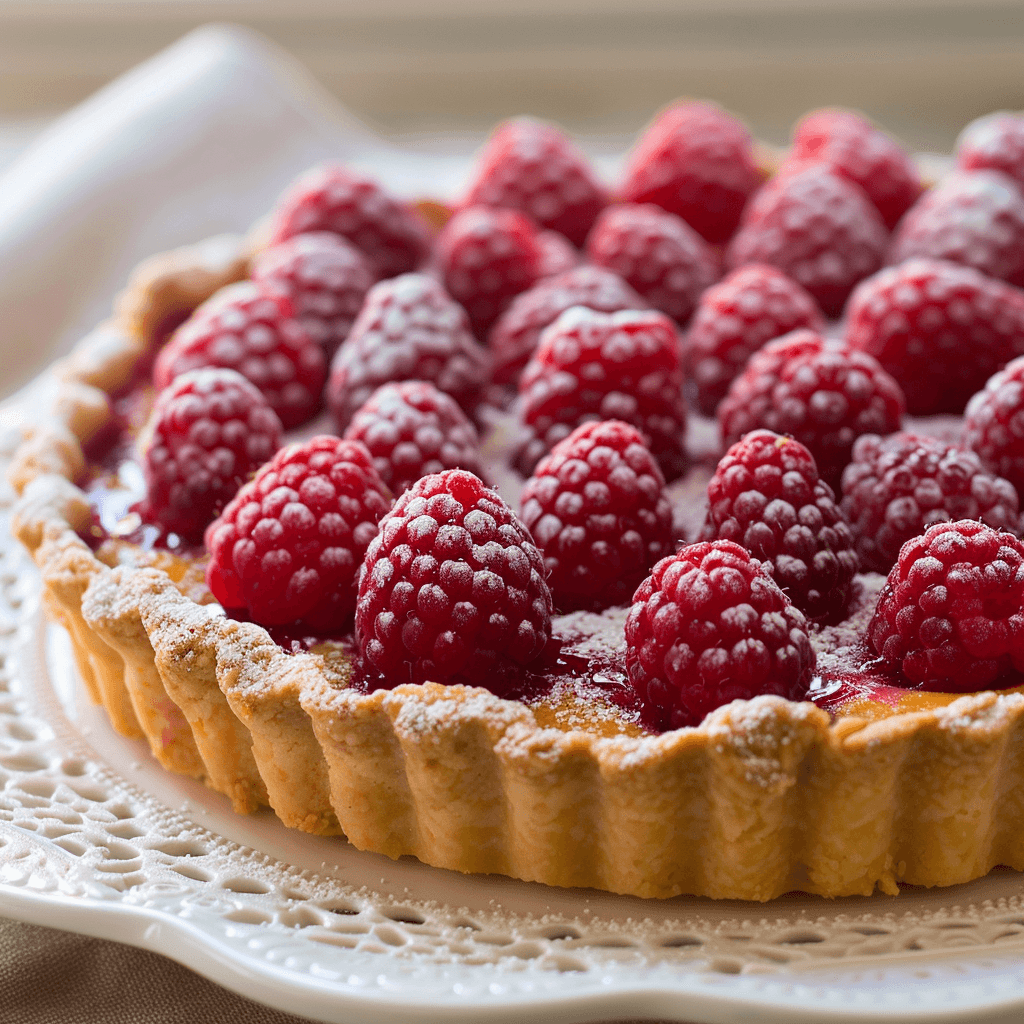 Fresh raspberry tart with golden crust and red raspberries