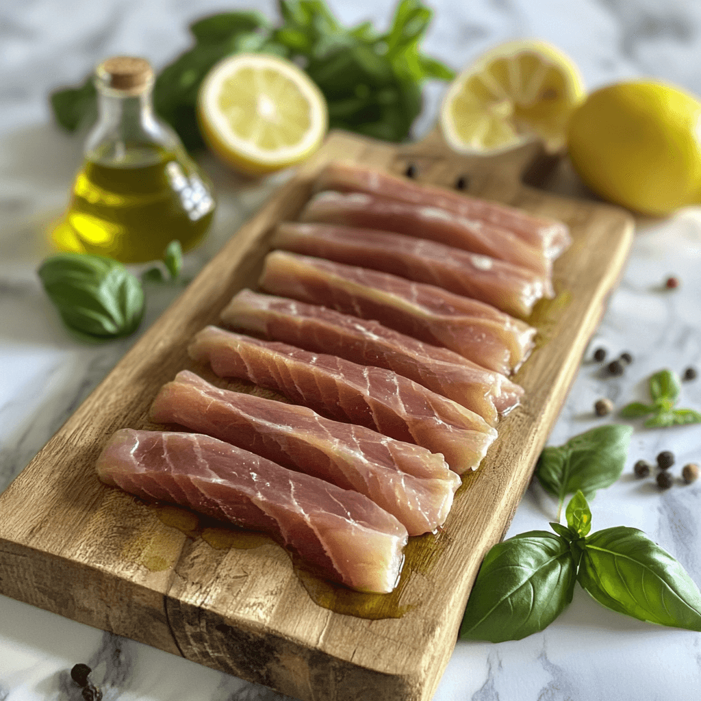 Fresh sturgeon fillets on a wooden cutting board.