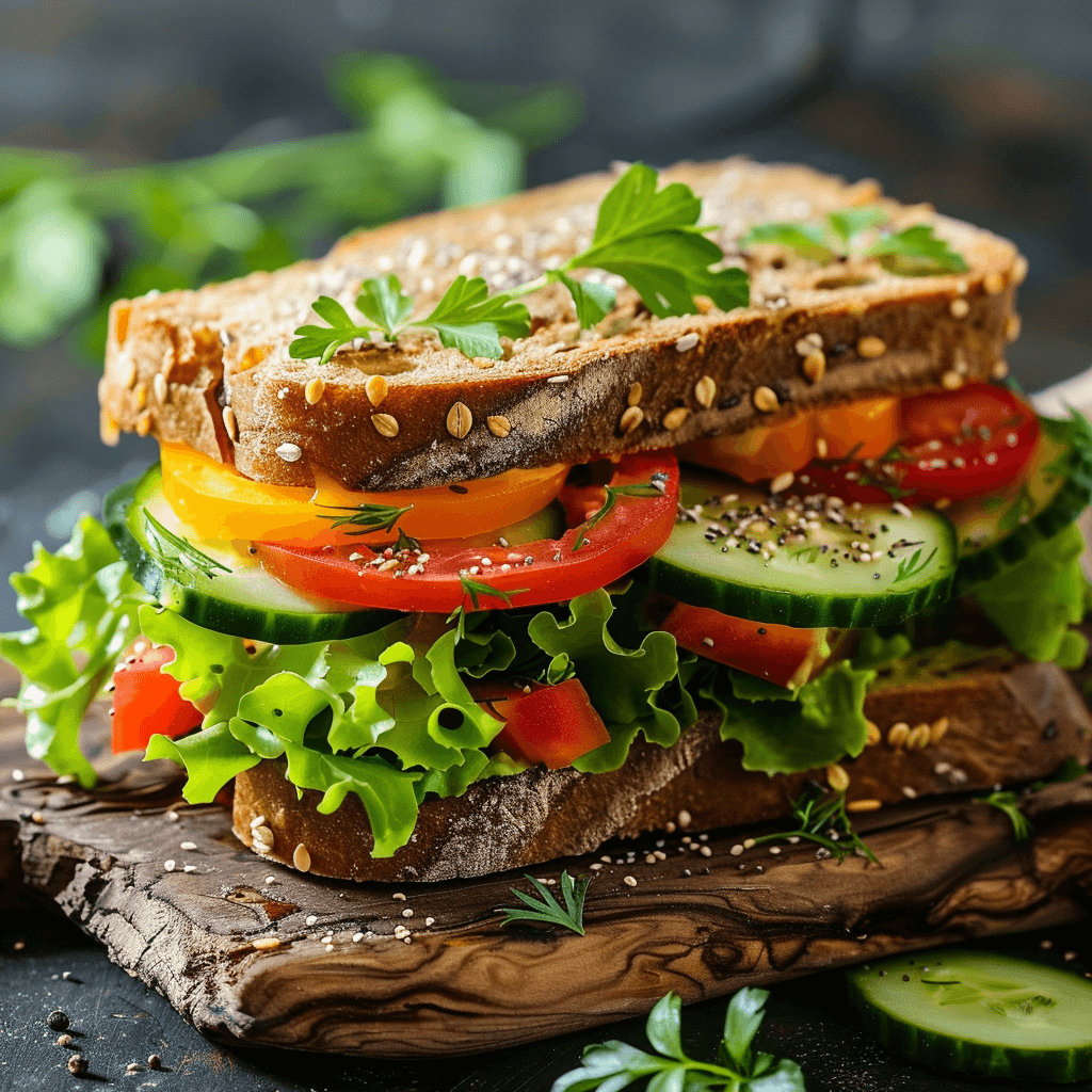 Fresh and healthy vegetable sandwich with colorful veggies on whole-grain bread