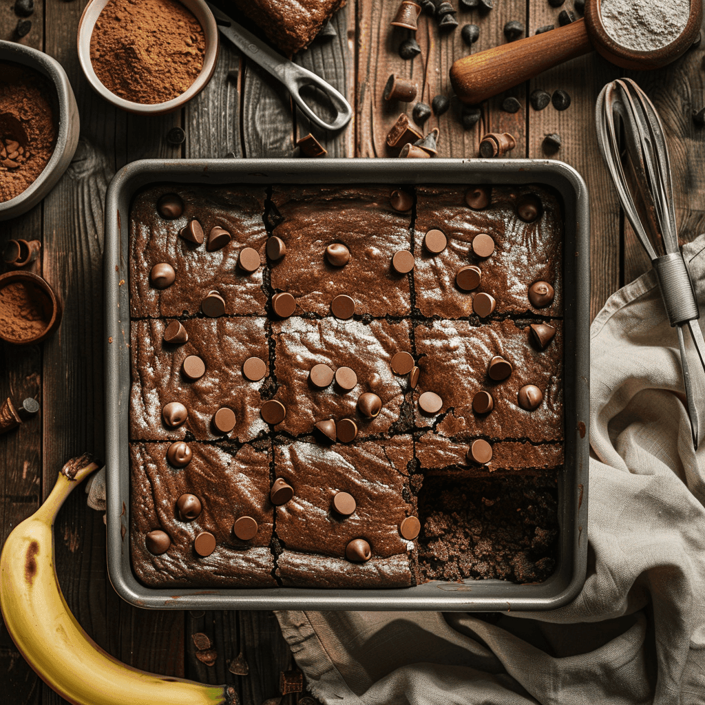 Freshly baked banana brownies in a square pan, cut into 16 pieces, with chocolate chips and banana slices on a wooden table.