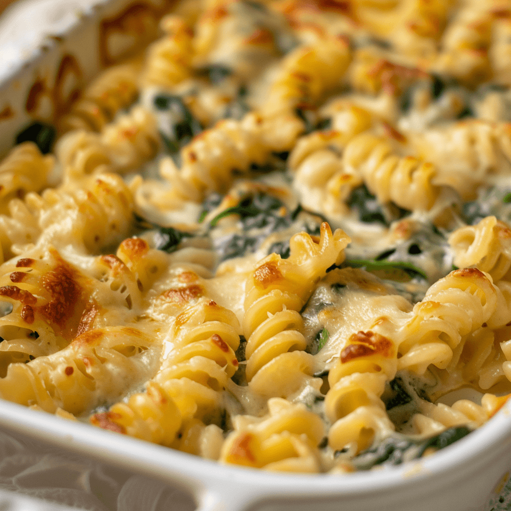 Freshly baked creamy Cellentani pasta with spinach and cheese garnished with parsley.