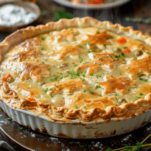 A whole chicken pot pie with a flaky golden crust, surrounded by fresh vegetables and herbs.