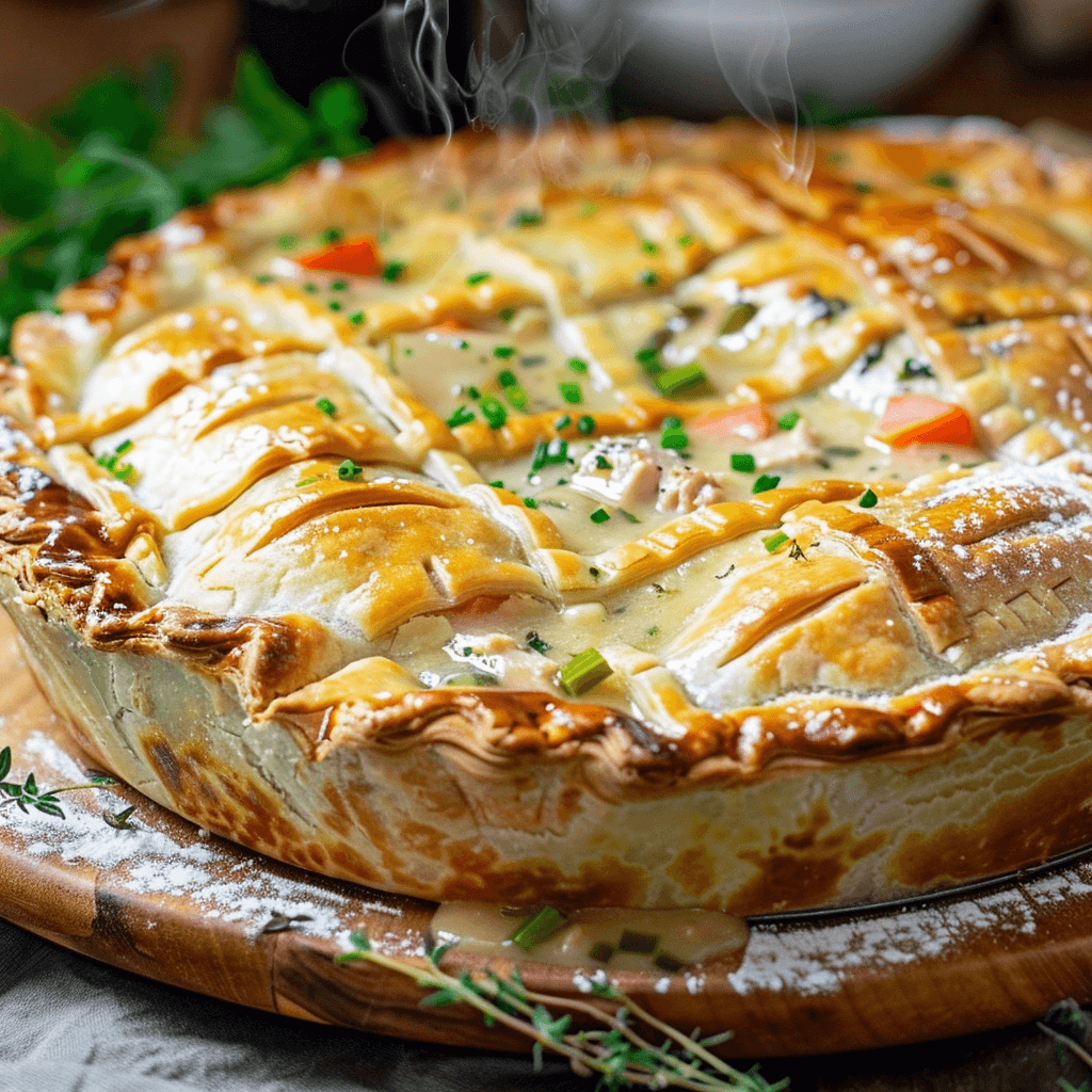 A whole chicken pot pie with a flaky golden crust, surrounded by fresh vegetables and herbs.