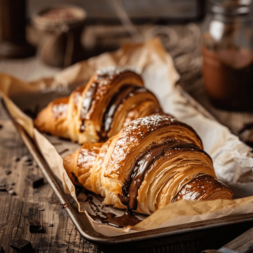 Golden chocolate croissants on a baking tray with melted chocolate oozing out.