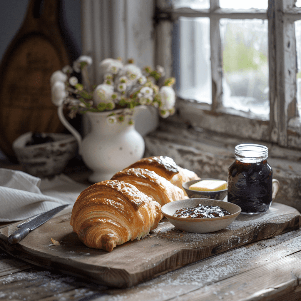 Golden-brown croissants on a wooden board with butter and jam beside them.