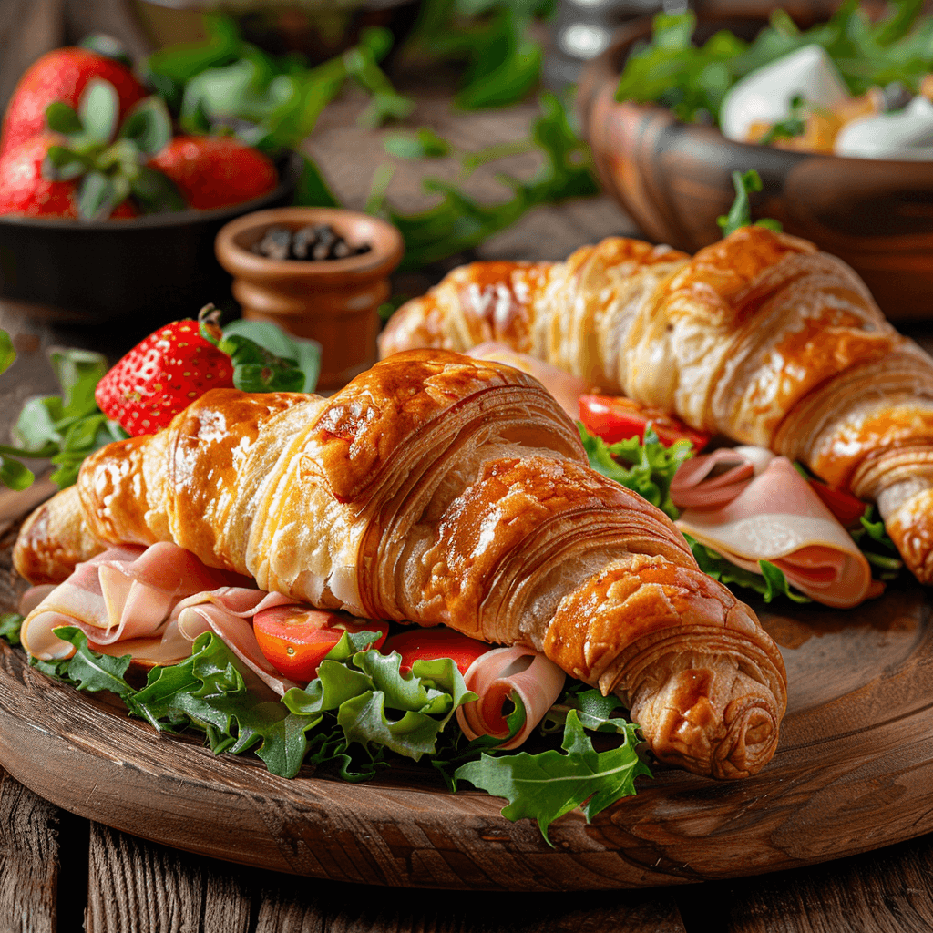 Assorted croissant sandwiches filled with ham, cheese, lettuce, and tomatoes on a wooden serving platter.