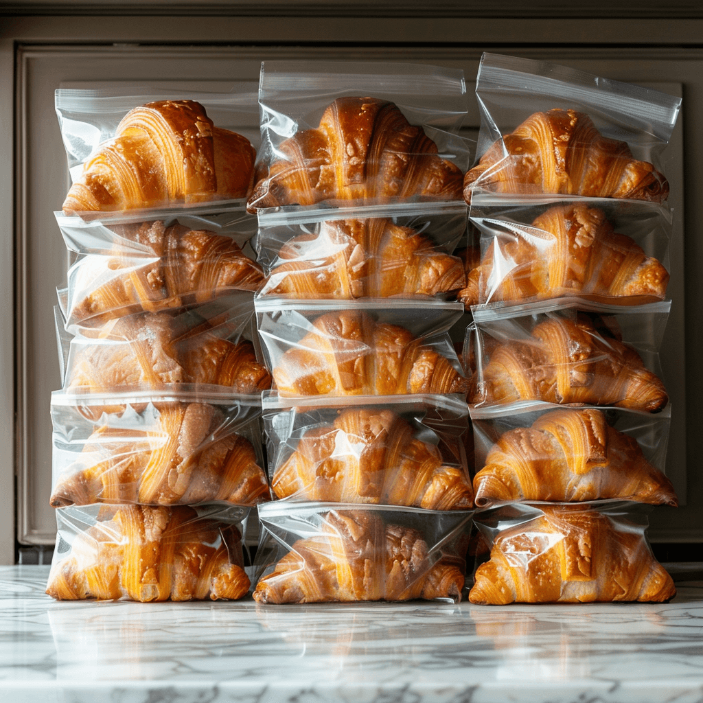 Frozen chocolate croissants stored in freezer bags, labeled for freshness.