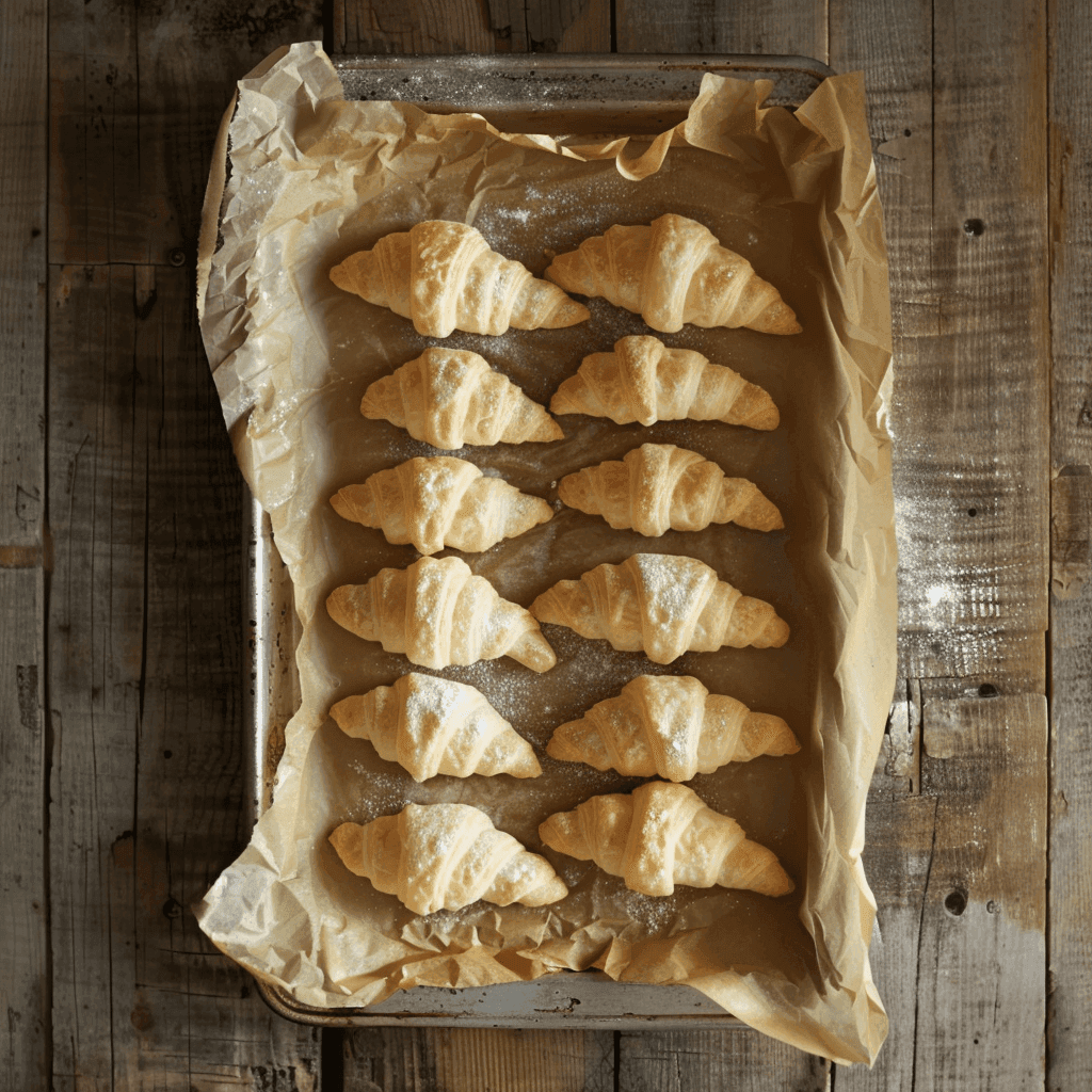 Frozen croissants arranged on a baking sheet lined with parchment paper.