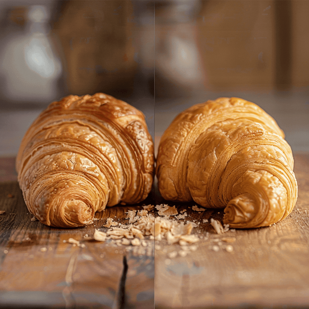 Side-by-side comparison of frozen and freshly baked croissants.