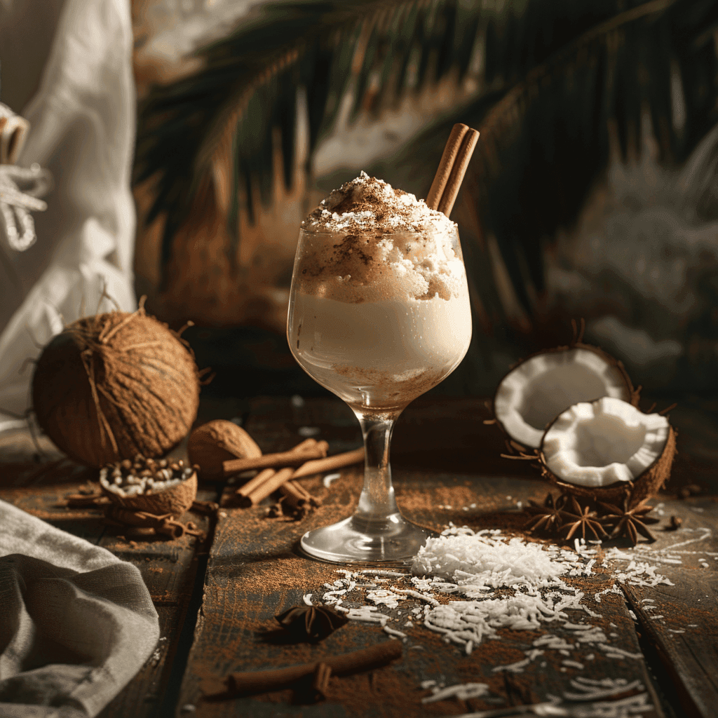 A glass of creamy coquito topped with a cinnamon stick, surrounded by coconut and spices on a wooden table.