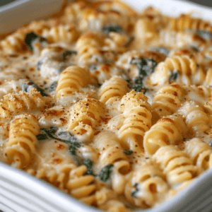 Golden baked Cellentani pasta with spinach and cheese served in a rustic ceramic bowl.