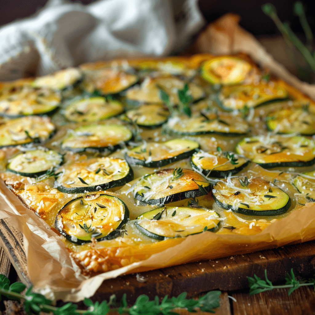 A freshly baked Tuscan Scarpaccia zucchini tart on a wooden board, garnished with fresh thyme and Parmesan.