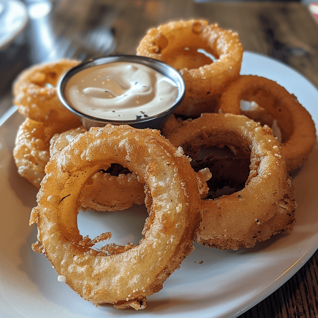 Crispy onion rings with dipping sauce on a plate