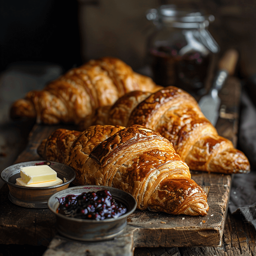 Freshly baked croissants on a cooling rack with butter and jam nearby.