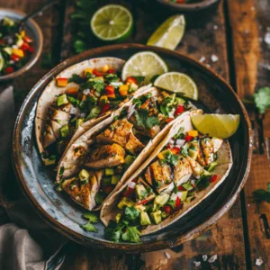 Gourmet Sturgeon Tacos topped with avocado salsa verde, shredded cabbage, and cotija cheese, garnished with lime wedges and cilantro.