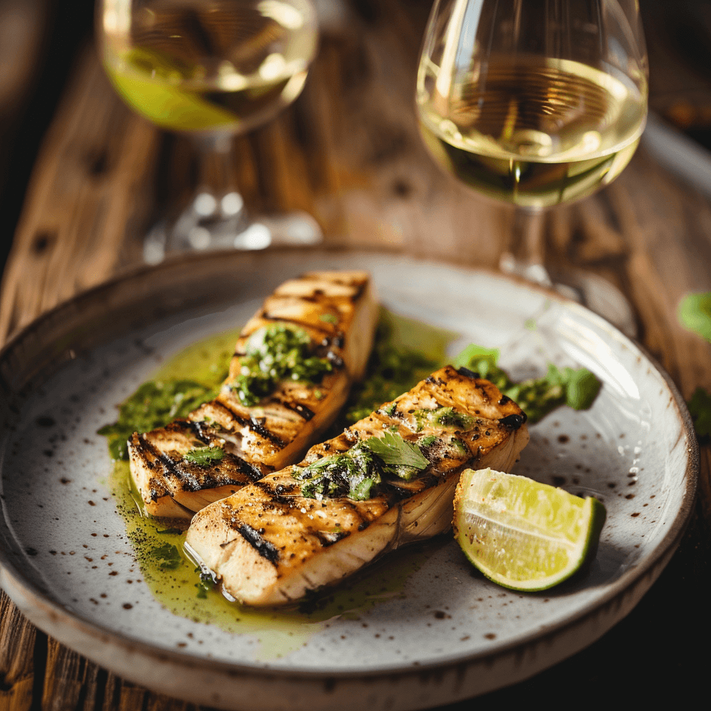  Grilled sturgeon with lime cilantro sauce paired with white wine
Placement: Add this image in the “Tips for Serving and Pairing” section to visually suggest wine pairings.