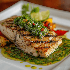 Grilled sturgeon with lime cilantro sauce, garnished with cilantro and lime wedges