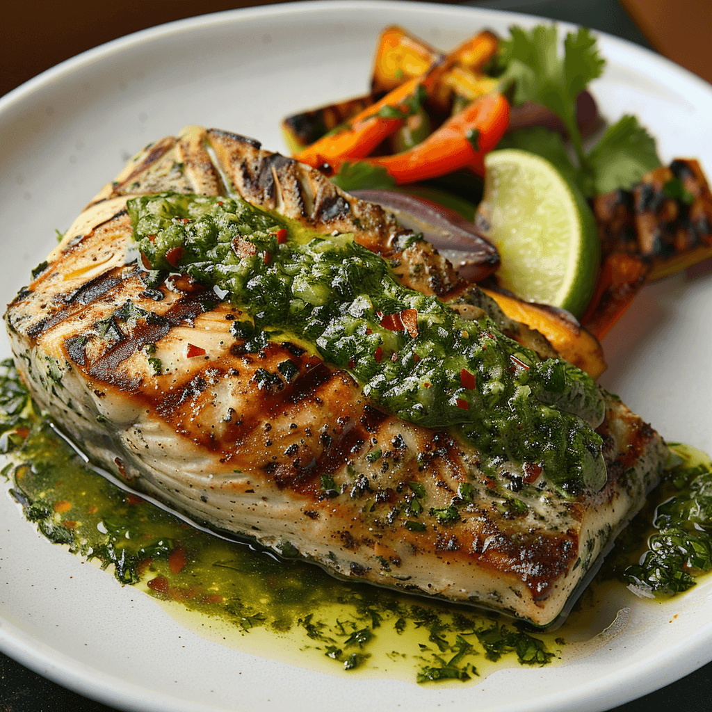 Grilled sturgeon drizzled with lime cilantro sauce served with lime wedges and salad.