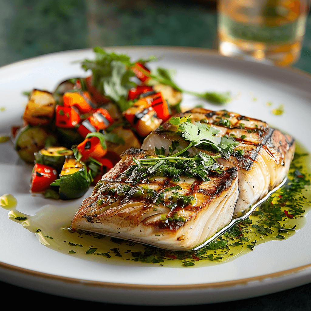 Grilled sturgeon with lime sauce on a plate with grilled vegetables