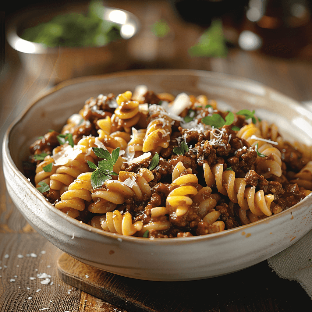 A vibrant serving of Savory Ragout Cellentani topped with grated Parmesan and fresh parsley.