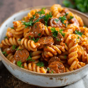 A hearty bowl of Spicy Sausage Cellentani pasta topped with fresh parsley and grated Parmesan.