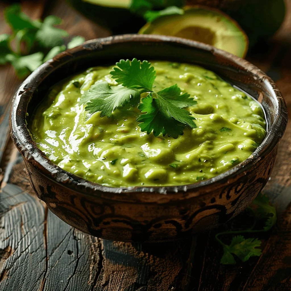 Creamy avocado salsa verde in a bowl with fresh cilantro garnish.