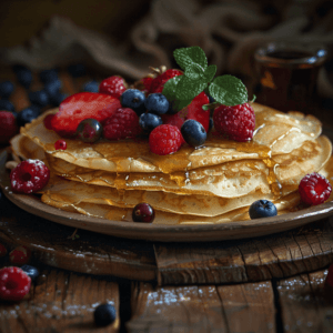 A beautifully plated crepe with a dusting of powdered sugar and a side of fresh fruit.