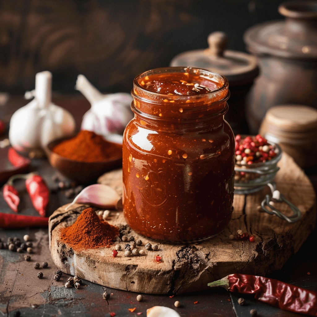 A jar of rich, red enchilada sauce surrounded by dried chilies, garlic, and spices on a wooden board.