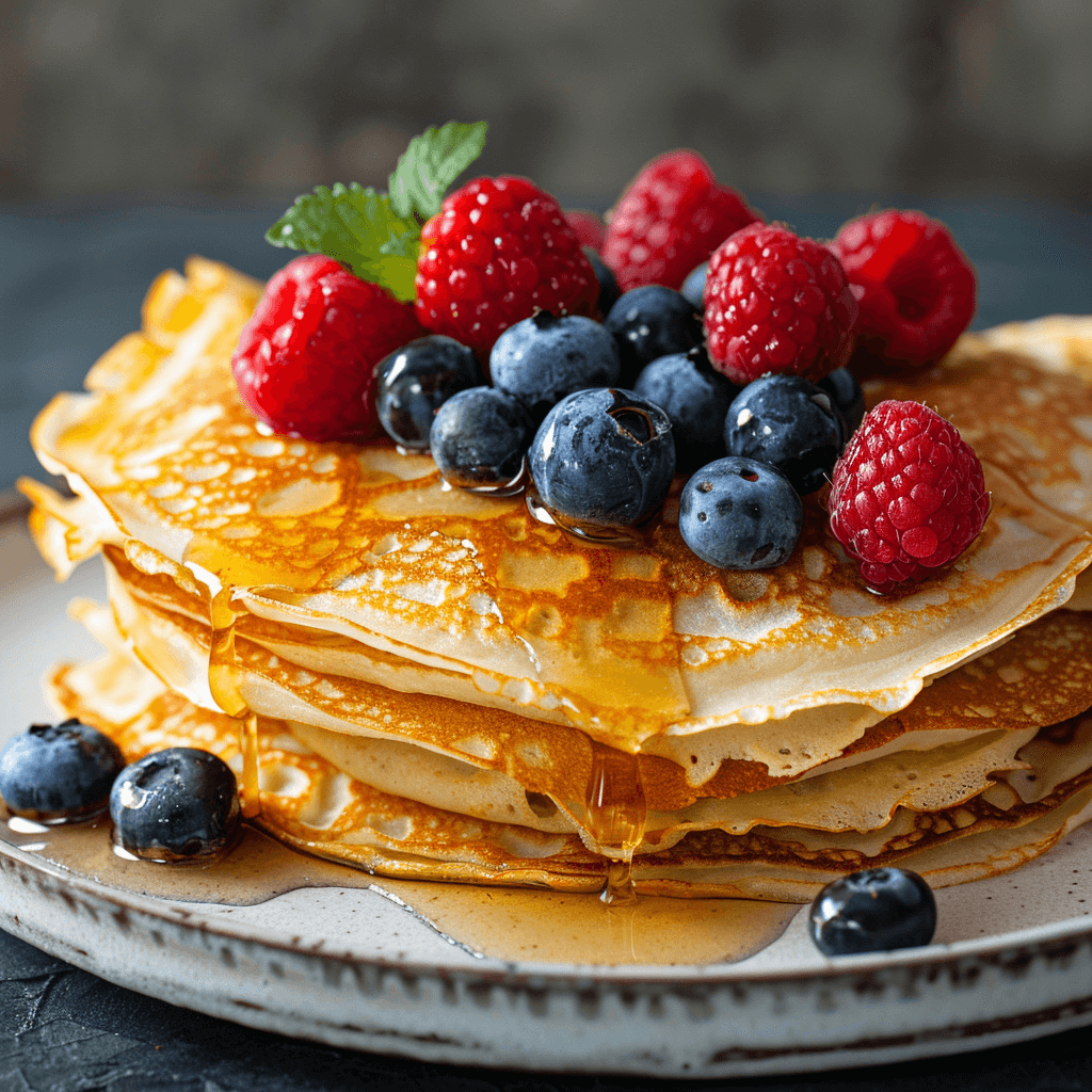 A high-quality photo of a stack of golden crepes with fresh berries and a drizzle of syrup on top.