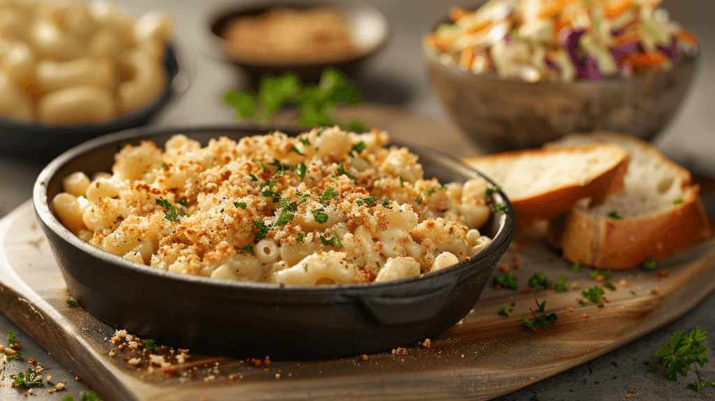 A plate of mac and cheese garnished with parsley, served alongside roasted vegetables and a green salad.