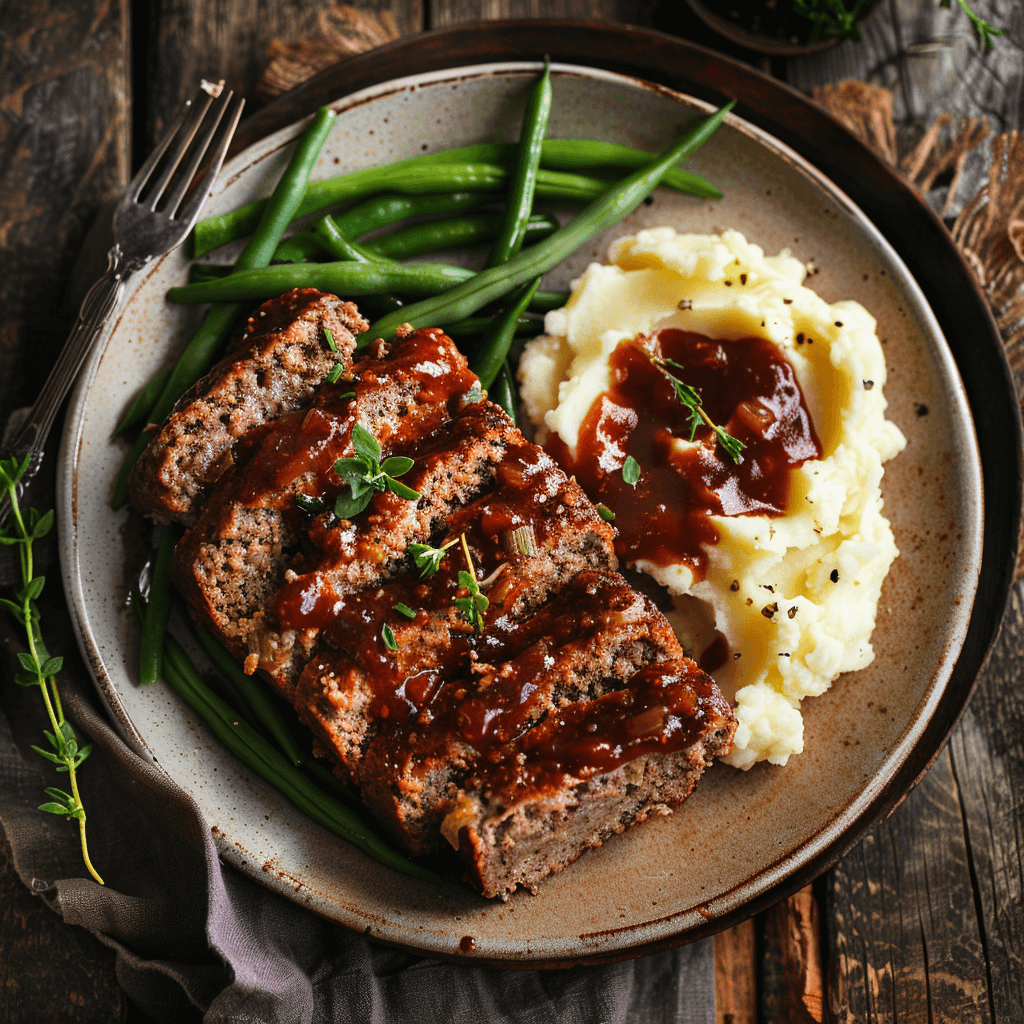 Ina Garten's meatloaf served with creamy mashed potatoes and steamed green beans.