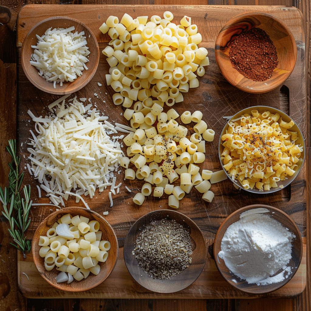 A chopping board with diced onions, minced garlic, shredded cheese, and cooked pasta.