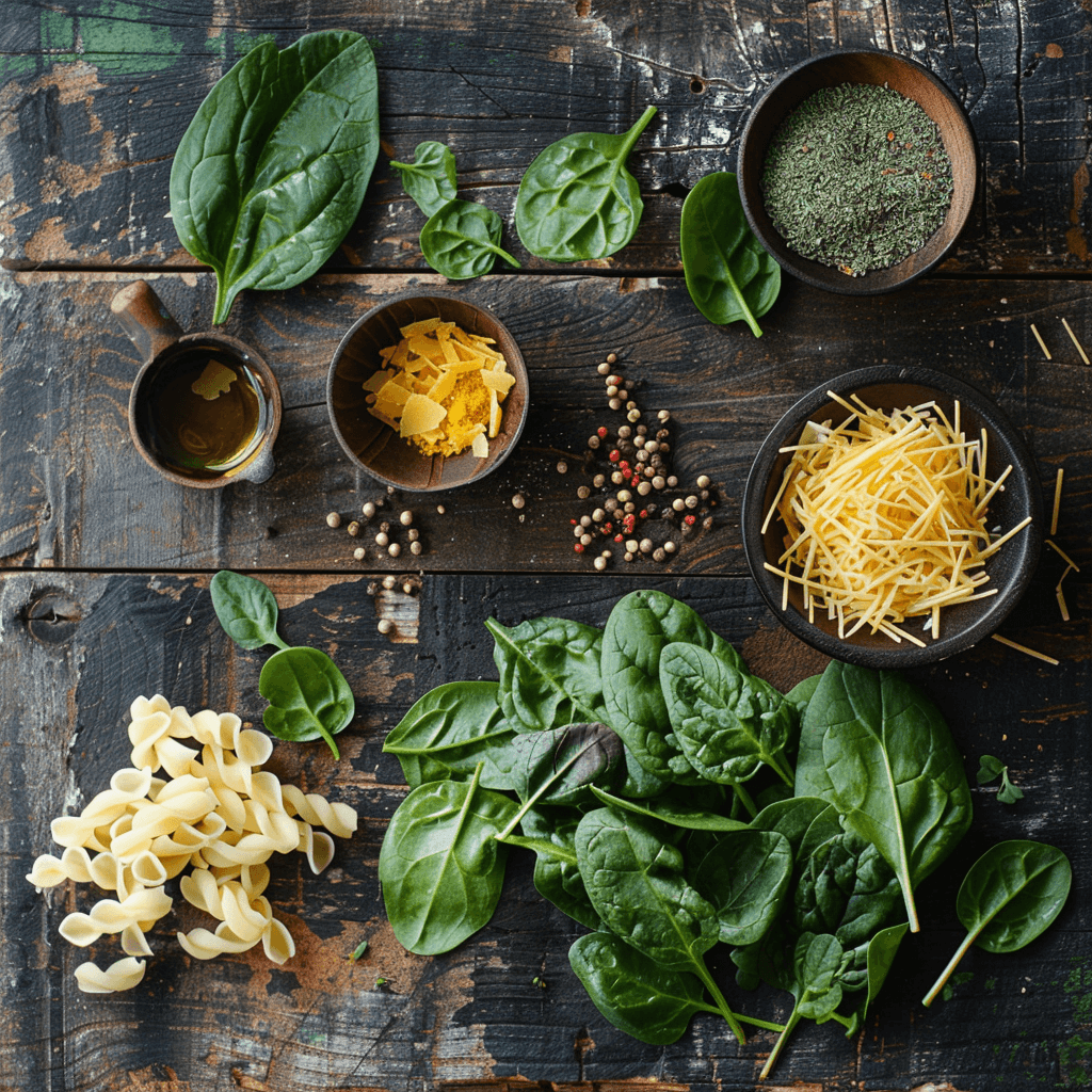 Ingredients for Cellentani with Spinach and Cheese: pasta, spinach, milk, cream, and shredded cheese.