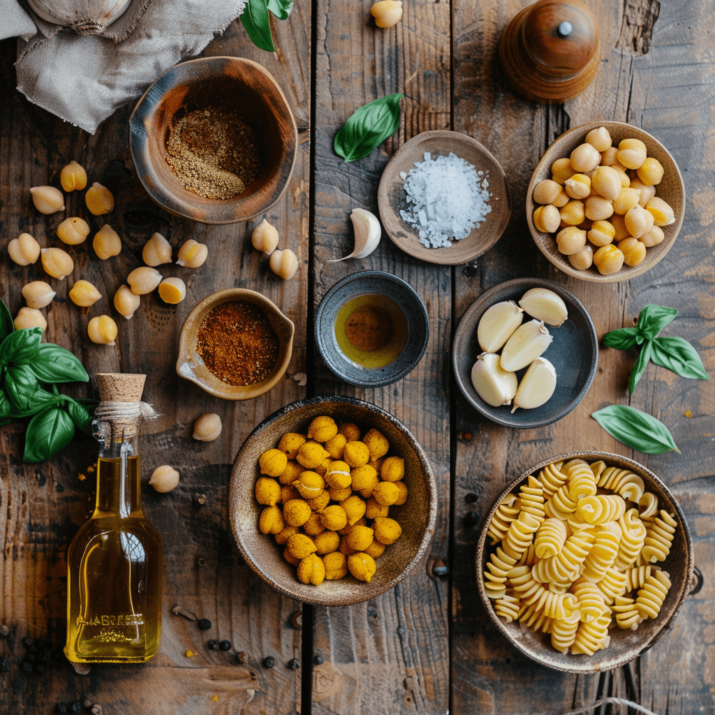 Ingredients for Chickpea Cream Cellentani including chickpeas, pasta, garlic, and olive oil.