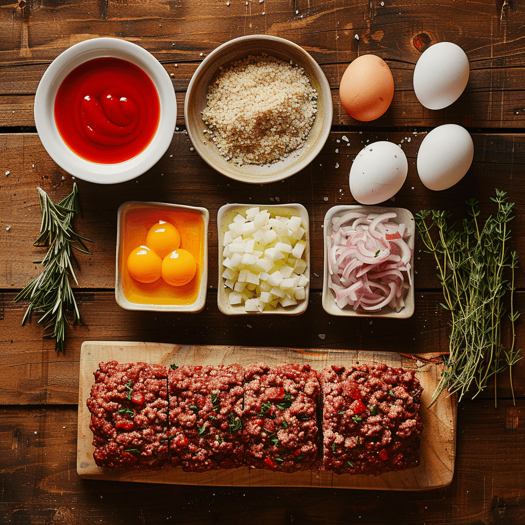 Ingredients for Crockpot Meatloaf, including ground beef, breadcrumbs, eggs, and seasonings.