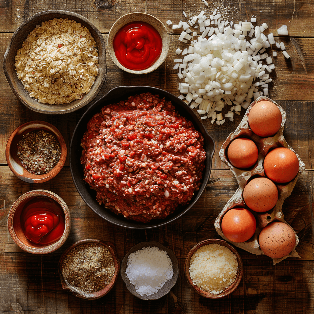 Fresh ingredients for Ina Garten's meatloaf, including ground beef, breadcrumbs, onions, and spices.