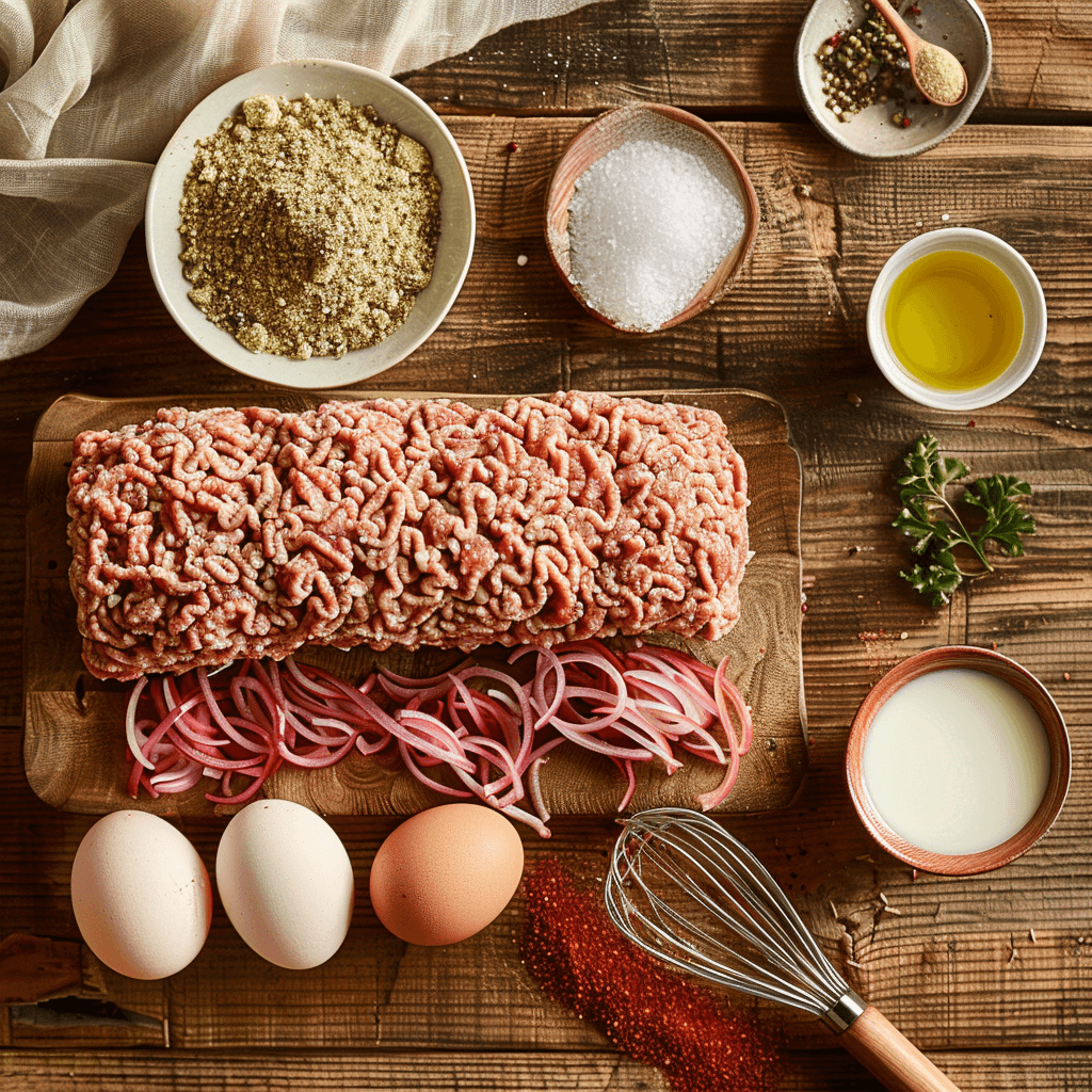 Ingredients for Lipton Onion Soup Meatloaf including ground beef, Lipton Onion Soup Mix, breadcrumbs, and eggs