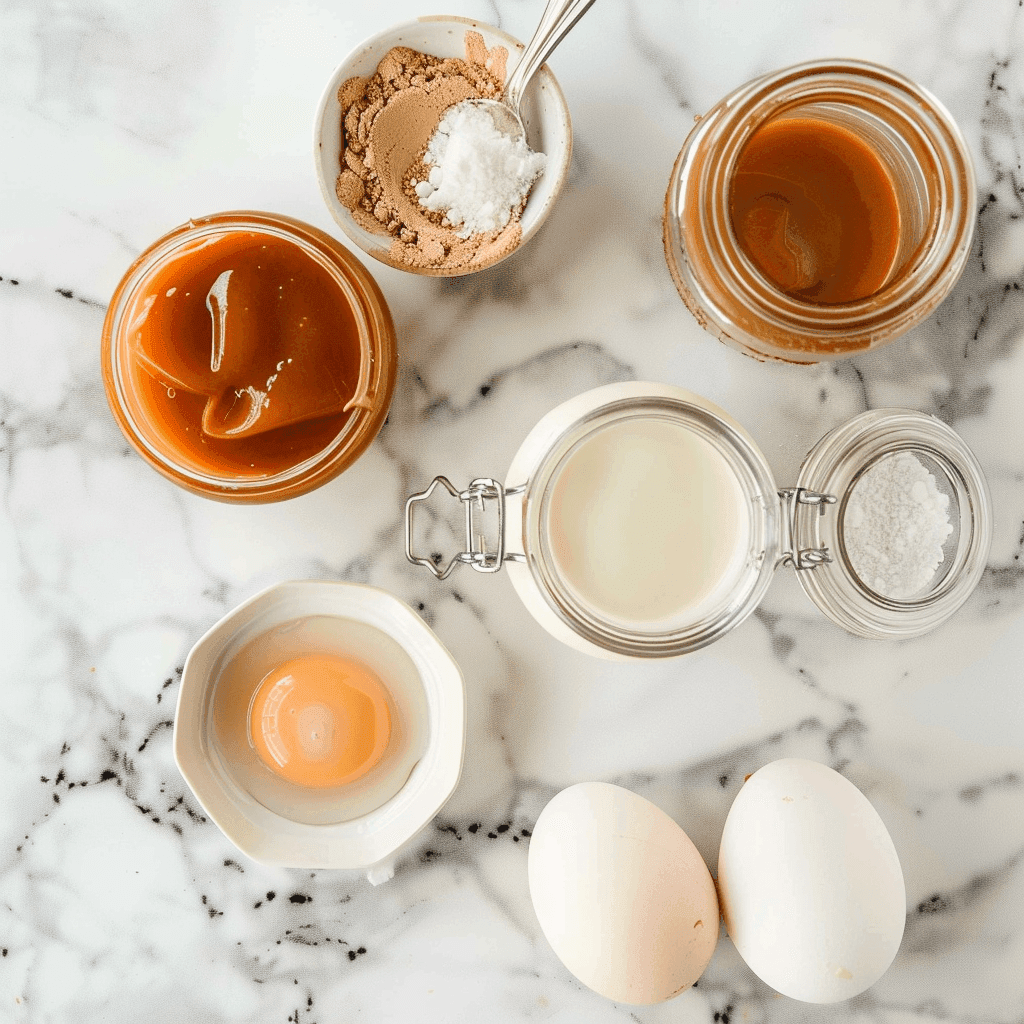 Eggs, condensed milk, evaporated milk, dulce de leche, sugar, and vanilla extract arranged on a kitchen counter.