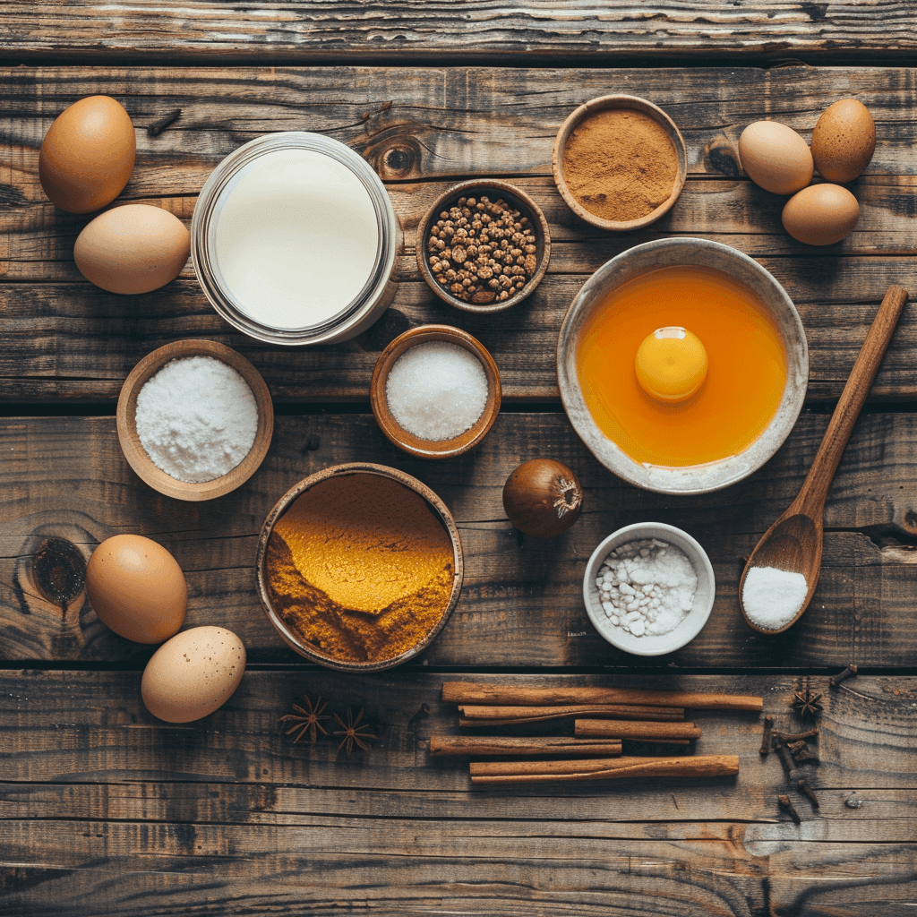 Eggs, pumpkin puree, condensed milk, evaporated milk, sugar, and spices arranged on a kitchen counter.