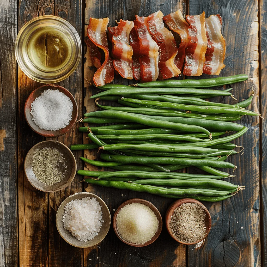 Fresh green beans, bacon, chicken broth, and seasonings for Southern-Style Green Beans