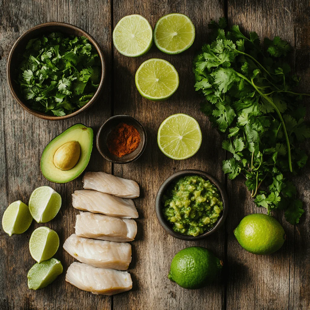  Fresh ingredients for Sturgeon Tacos and Avocado Salsa Verde, including sturgeon fillets, avocados, tomatillos, and cilantro.