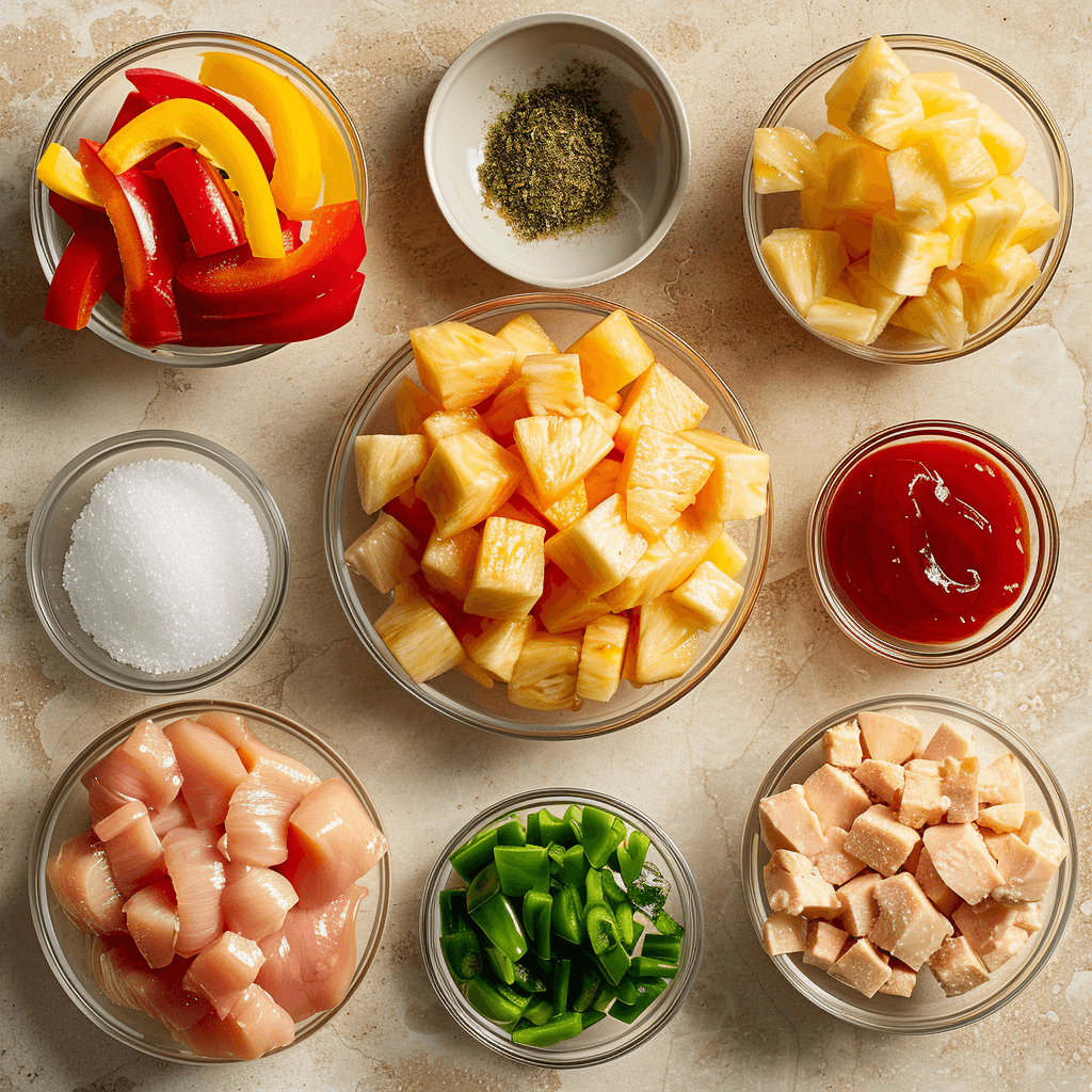 Chicken cubes, bell peppers, pineapple chunks, cornstarch, and sauce ingredients on a countertop