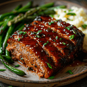 Juicy Crockpot Meatloaf with a glossy glaze, served with mashed potatoes and green beans.